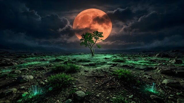 Lone tree standing in a dark mystical landscape under a glowing red moon and starry night sky
