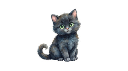 Fototapeta premium A cute, fluffy black kitten with big green eyes sitting attentively. Its tail is curled around its body, and it has a gentle, curious expression
