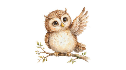 Obraz premium A cute cartoon owl sitting on a branch, waving its wing. The owl is depicted in a soft watercolor style with big, expressive eyes