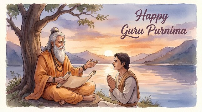 Traditional illustration of a guru teaching a student under a tree during sunset for Guru Purnima.