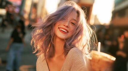 Fototapeta premium A stylish young woman walking through the city with a café drink in hand, beaming with a broad smile