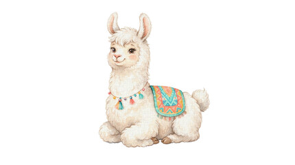 Fototapeta premium A cute, fluffy llama sitting comfortably and wearing a colorful blanket and beaded necklace. Its fur is white, and it has a gentle expression, with long ears and a small tail