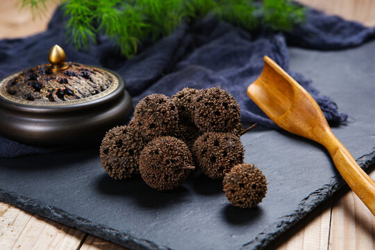 Dried Liquidambar Fruits on Ancient Chinese Paper Scroll