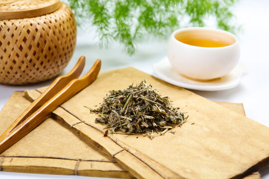 Dried Elsholtzia Herb on Bamboo Mat Chinese Herbal Shot