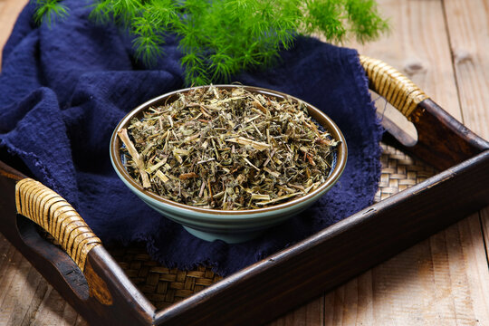 Dried Elsholtzia Herb on Bamboo Mat Chinese Herbal Shot