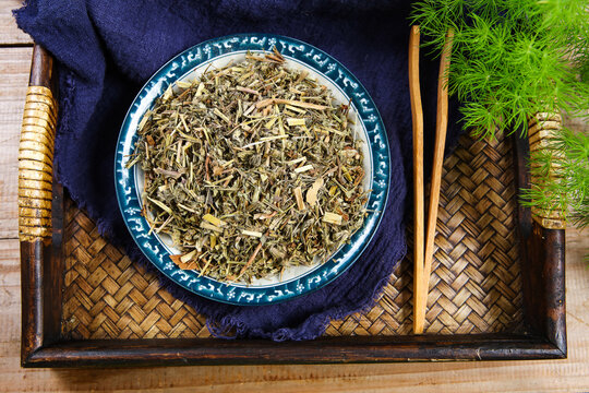 Dried Elsholtzia Herb on Bamboo Mat Chinese Herbal Shot