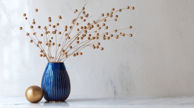Elegant Blue Vase with Gold Berries Arrangement on Marble Surface for Modern Home Decor