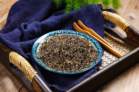 Dried Purslane Herb Wooden Bowl Herbal Tea Still Life