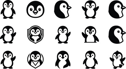 Obraz premium A collection of cute penguin character icons featuring various poses and expressions presented as an isolated object on transparent background isolated on transparent background