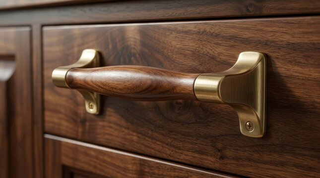 Polished brass and dark wood cabinet handle mounted on a luxury walnut drawer in a modern kitchen.