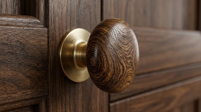 Round wooden cabinet knob with a brass base mounted on a dark textured wood door panel