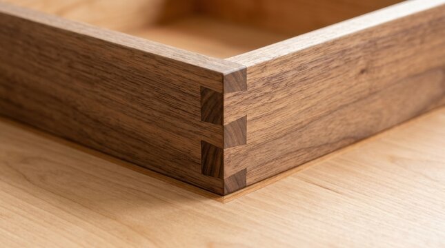 Close up of a wooden drawer corner featuring traditional dovetail joinery on a natural timber surface
