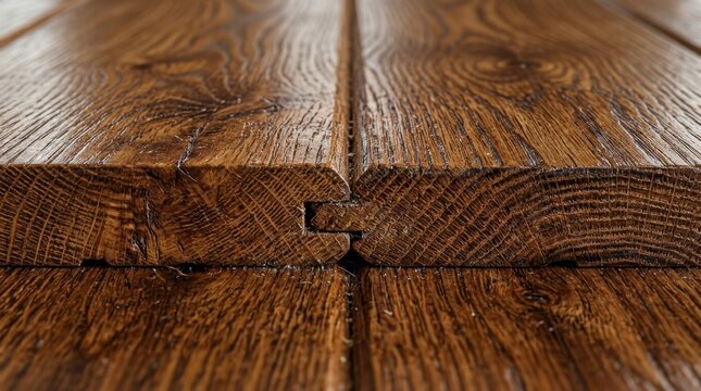Close up of tongue and groove wooden floorboard joints showing natural dark oak wood grain texture