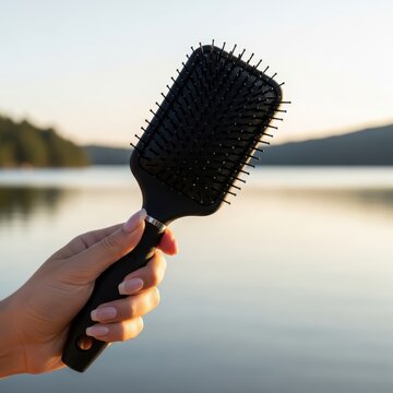 A hand holding a black hair brush against a calm river and forest view