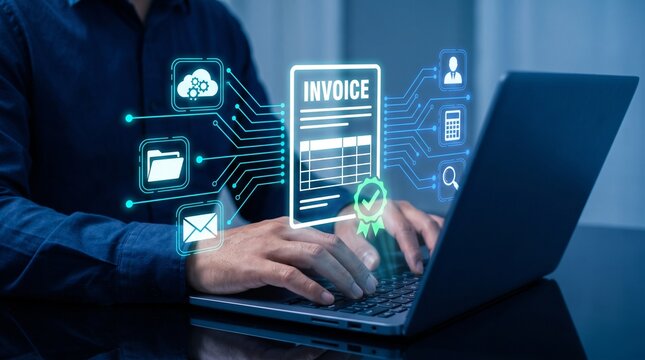 Businessman managing electronic invoicing and digital billing system on laptop computer