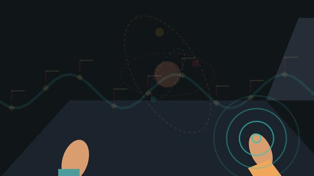 First-person view of hands interacting with futuristic spatial computing interface showing atomic models data graphs and virtual 3D grid in virtual reality space