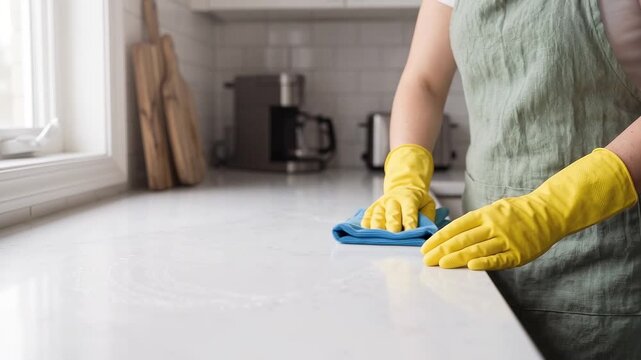 A woman wearing yellow rubber gloves wipes a white kitchen countertop with a blue microfiber cloth.
