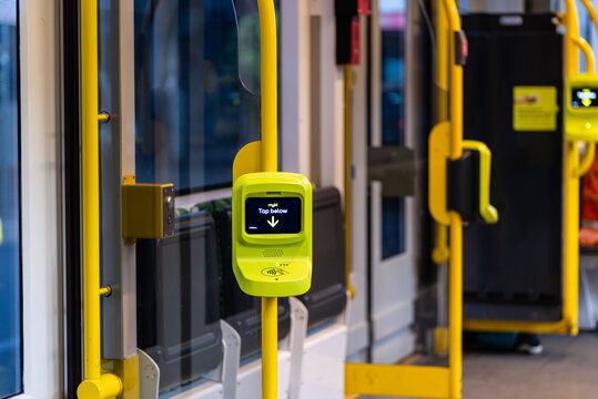 Melbourne, Victoria, Australia, May 16th, 2026: A new style Myki ticket machine is in operation onboard a Melbourne Tram