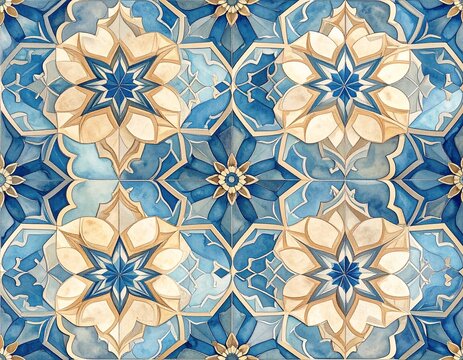 模様　Seamless watercolor tile pattern with interlocking blue star medallions

