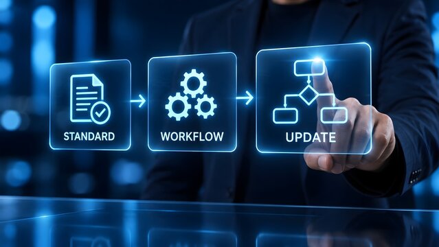 Businessman touching a glowing digital interface showing standard workflow update process, representing business automation, standard operating procedures, and system integration.