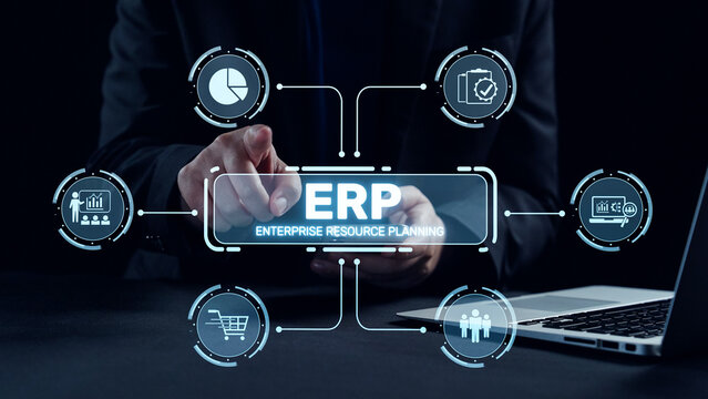 ERP platform visual showing centralized system for enterprise resource planning, improving integration, data flow, business efficiency, finance, inventory, and human resources. Elide