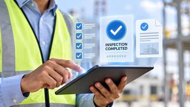 Engineer using digital tablet for construction site inspection with holographic interface showing approved status and compliance checklist.