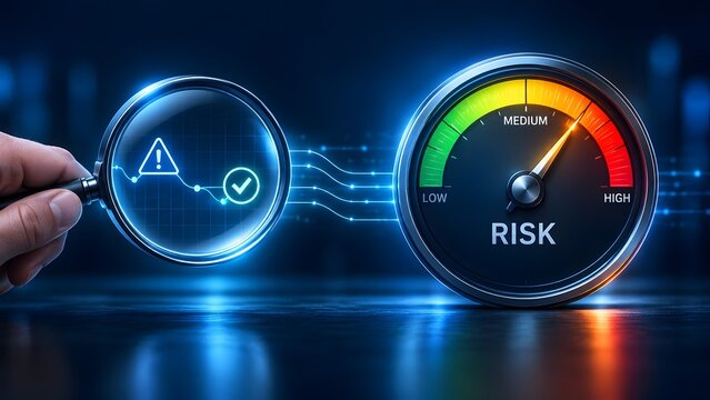Hand holding a magnifying glass analyzing a digital risk meter and performance graph symbolizing financial audit threat evaluation and business strategy.