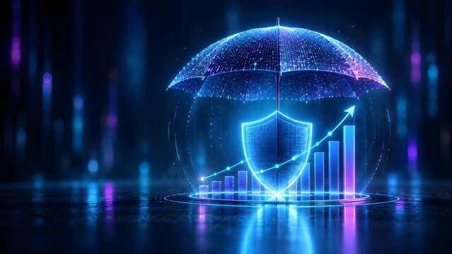 Glowing blue digital umbrella protecting a security shield and an upward trending bar chart, representing financial growth, wealth protection, and business risk management.
