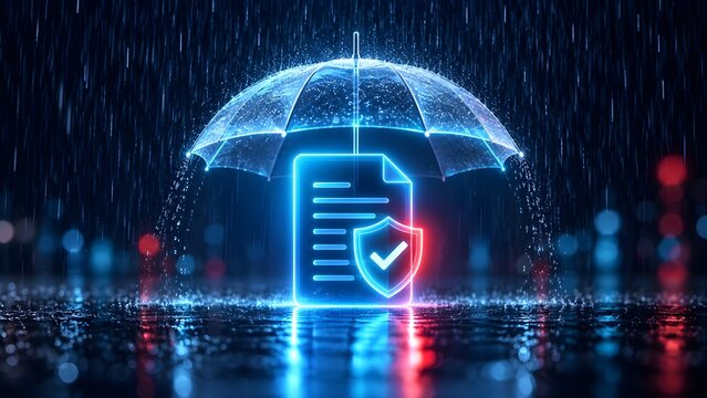 Glowing digital umbrella protecting a secure document and shield from heavy rain, symbolizing data privacy, cybersecurity, and safe confidential file storage in adverse conditions.