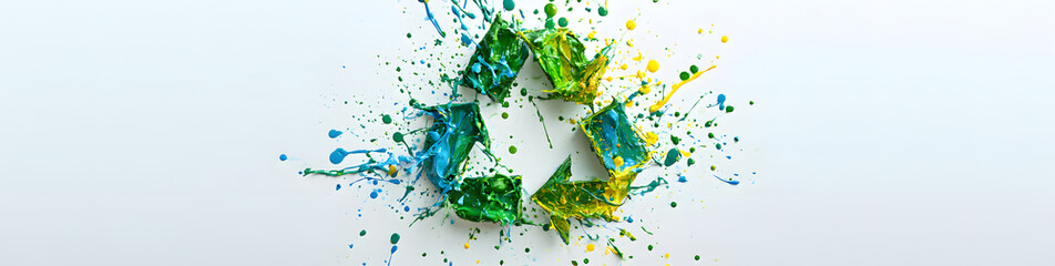 Obraz premium Symbol of recycling adorned with paint splatters on a white backdrop, emphasizing eco-friendly art and promoting sustainability for Earth Day banners