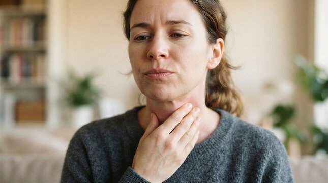 Woman experiencing throat irritation and discomfort at home