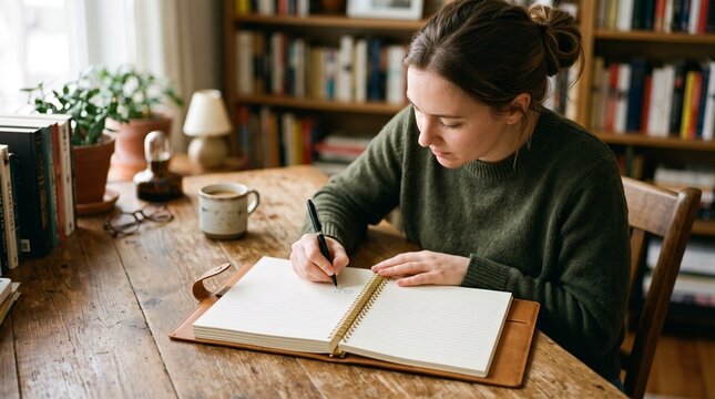 Young woman writing in a notebook at a wooden desk with books and coffee