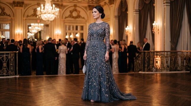 Elegant Woman in Embellished Gown at Formal Ball Event