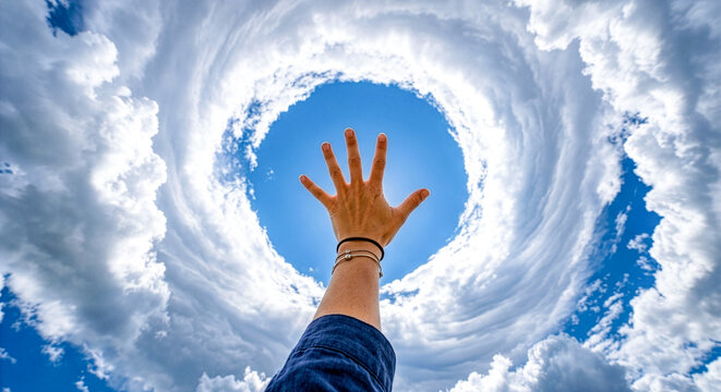 青空に渦を巻く白い雲と広げた手のひら | White clouds swirling in the blue sky and my outstretched palm Generative AI