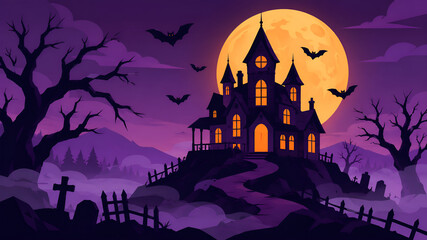 Fototapeta premium Spooky Halloween haunted house background with full moon, bats, and cemetery vector illustration