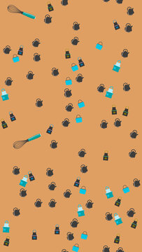 Kitchenware Pattern with Teapots, Aprons, and Whisks