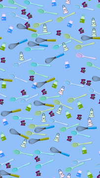 Seamless pattern of baking utensils on blue background