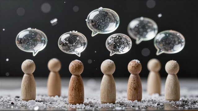Wooden figures stand in snow, surrounded by clear speech bubbles floating above.