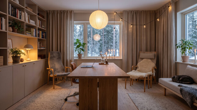 cozy scandinavian home office with snowy winter view