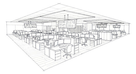 Fototapeta premium Corporate Open Plan Office Space Sketch with Cubicles Workstations and Modern Furniture in Monochrome