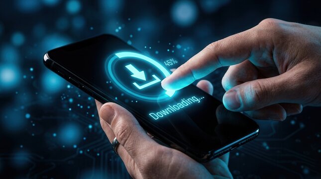 A human finger touching a holographic download icon on a futuristic digital interface display.