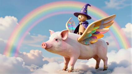 Fototapeta premium Winged pig carries wizard through rainbow sky above fluffy clouds.
