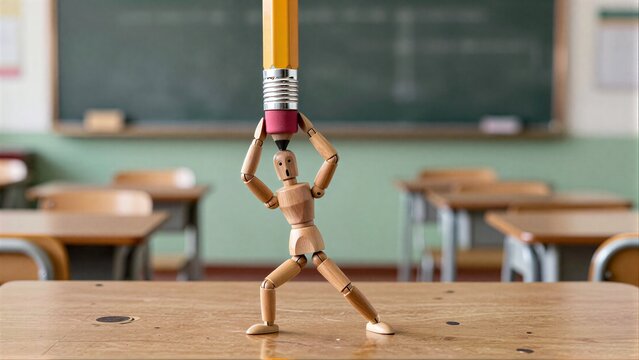 Wooden figure holds pencil above head in classroom, symbolizing pressure or focus.