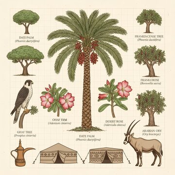 Desert flora and fauna illustration with date palm, frankincense tree, desert rose, falcon, and oryx