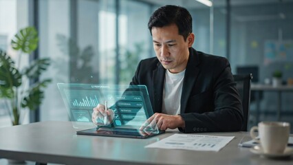 Obraz premium Businessman working with holographic financial data dashboard on tablet