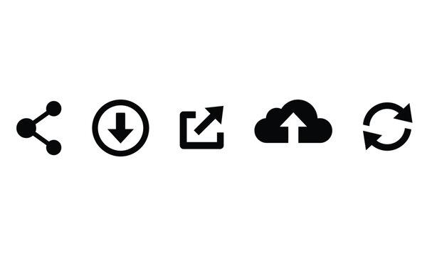 Black Action Icon Set &ndash; Share, Download, Export, Cloud Upload and Refresh Symbols Collection