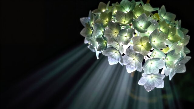Glowing green hydrangea blooms radiate light against a dark background.