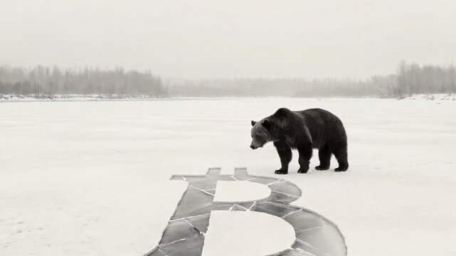 Bear walking on a frozen lake with a large bitcoin symbol carved into the ice, symbolizing the trends and challenges in the cryptocurrency market. Video using Generative AI.