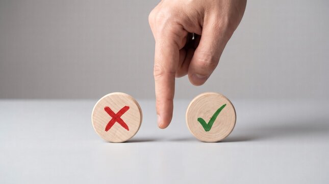 Hand Pointing Between Green Checkmark and Red Cross Mark on Wooden Circles for Decision Making Concept