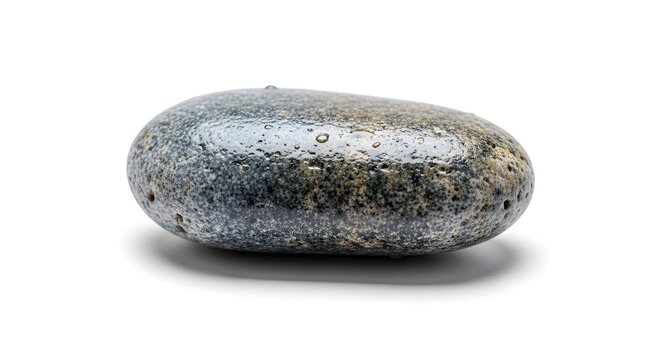 Single smooth grey river stone with water droplets on the surface of the rock